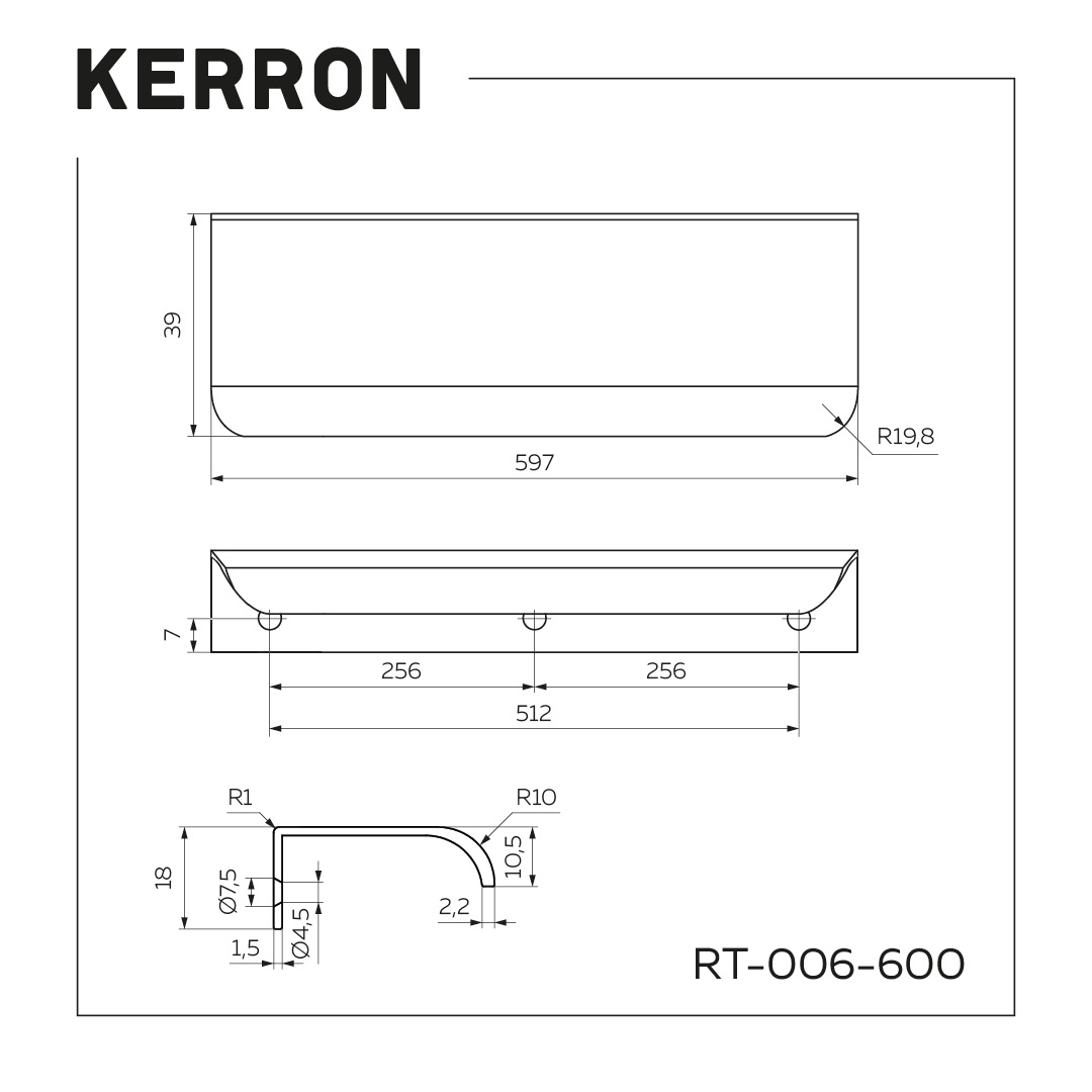Ручка торцевая, RT-006-600 BL (512/597мм), черный матовый 4 Ручка торцевая, RT-006-600 BL (512/597мм), черный матовый — изображение 4